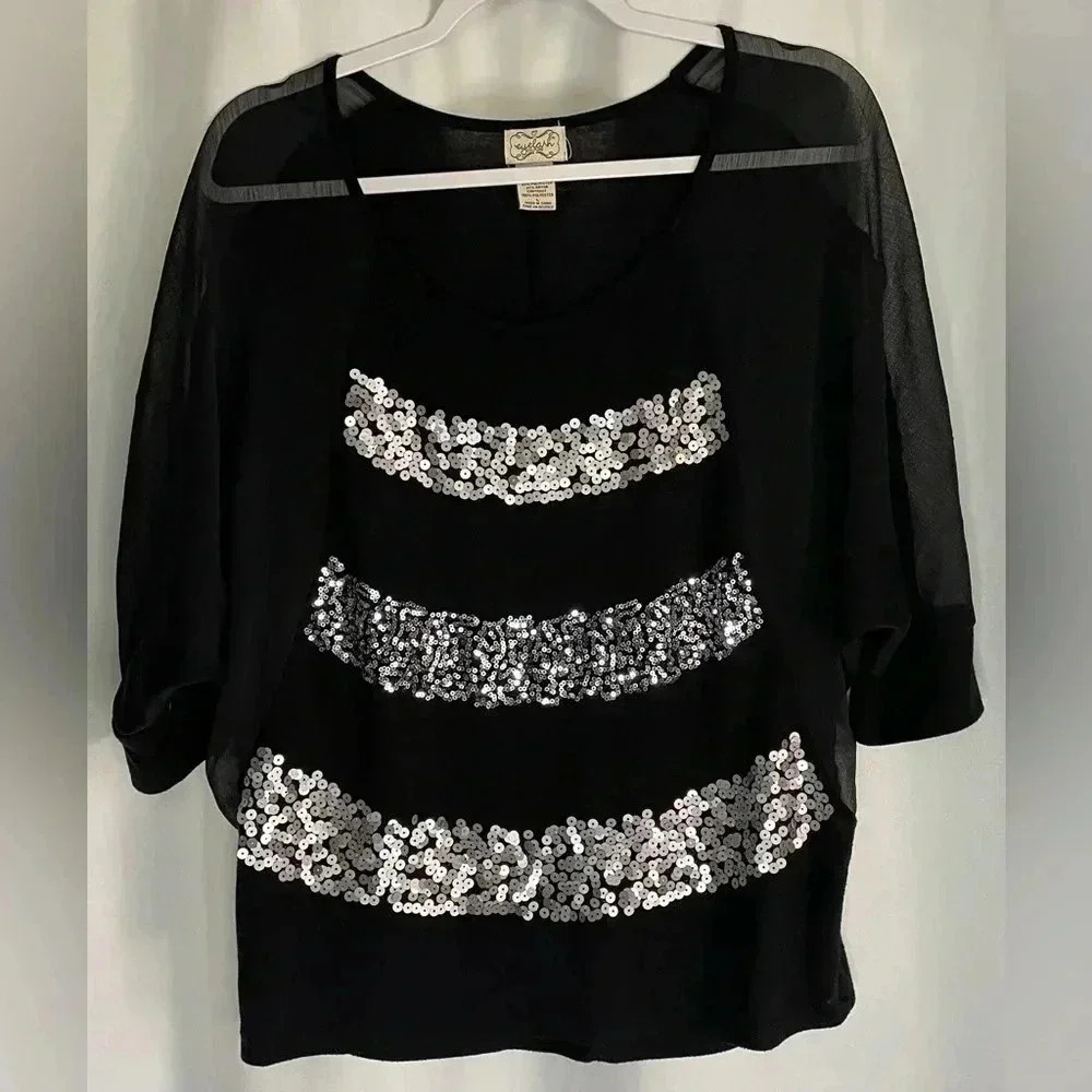 Eyelash Couture sequined sheer sleeve top‎